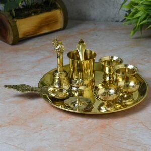 8-Inch Plain Brass Pooja Thali Set with Diyas, Kumkum Bowls, Agarbatti Stand & Accessories